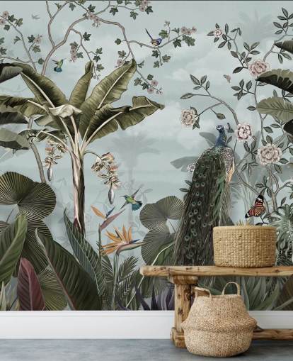 mural de parede de selva azul celeste chamado Tropical Forest Peacock Sky Blue at Wallsauce para quartos, banheiros e salas de jantar mural de parede de selva azul celeste chamado Tropical Forest Peacock Sky Blue at Wallsauce para quartos, banheiros e salas de jantar