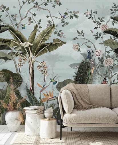 sky blue jungle wall mural called Tropical Forest Peacock Sky Blue at Wallsauce for bedrooms, bathrooms and dining rooms sky blue jungle wall mural called Tropical Forest Peacock Sky Blue at Wallsauce for bedrooms, bathrooms and dining rooms