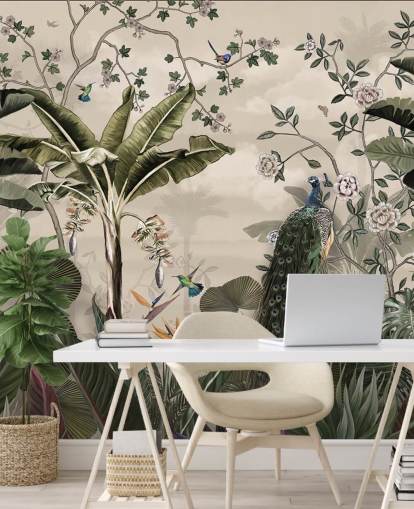 trooppisen metsän riikinkukon taustakuvamaalaus nimeltä Tropical Forest Peacock Wallsaucessa makuuhuoneisiin ja olohuoneisiin trooppisen metsän riikinkukon taustakuvamaalaus nimeltä Tropical Forest Peacock Wallsaucessa makuuhuoneisiin ja olohuoneisiin