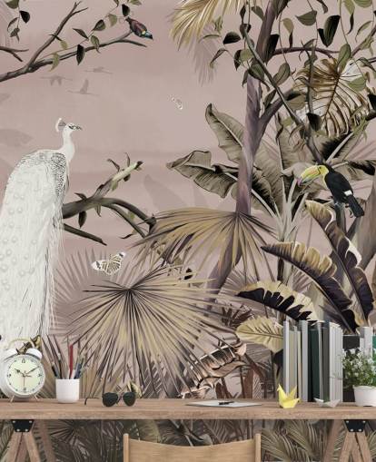 Weißes Pfauentapeten-Wandbild namens Tropical White Peacock at Wallsauce für Schlafzimmer, Badezimmer und Heimbüros Weißes Pfauentapeten-Wandbild namens Tropical White Peacock at Wallsauce für Schlafzimmer, Badezimmer und Heimbüros