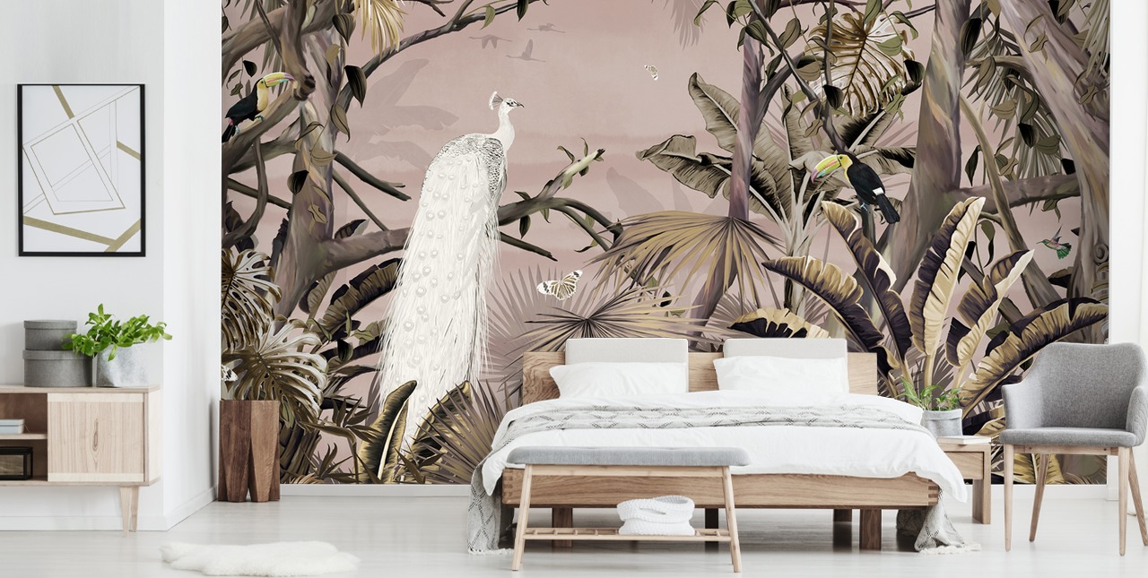 witte pauw behangmuurschildering genaamd Tropical White Peacock at Wallsauce voor slaapkamers, badkamers en thuiskantoren witte pauw behangmuurschildering genaamd Tropical White Peacock at Wallsauce voor slaapkamers, badkamers en thuiskantoren