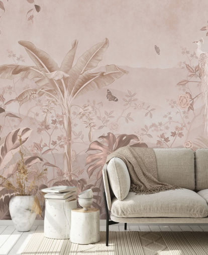 valkoinen riikinkukko taustakuvamaalaus nimeltä Vintage Tropical White Peacock makuuhuoneisiin, olohuoneisiin ja kylpyhuoneisiin valkoinen riikinkukko taustakuvamaalaus nimeltä Vintage Tropical White Peacock makuuhuoneisiin, olohuoneisiin ja kylpyhuoneisiin