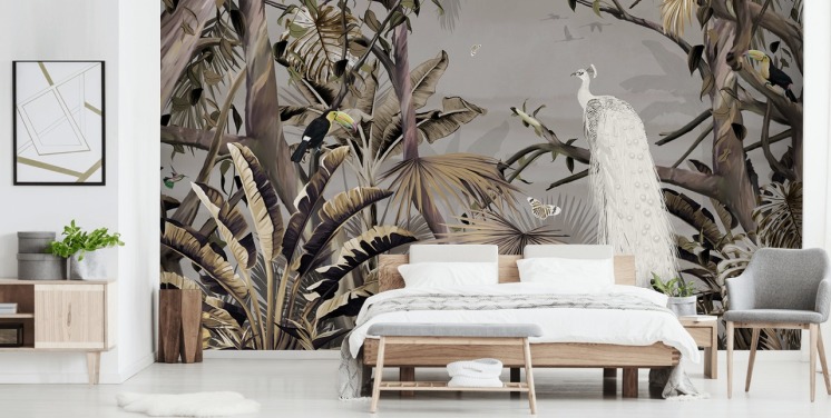 witte pauw behangmuurschildering genaamd Jungle White Peacock at Wallsauce voor slaapkamers en gangen