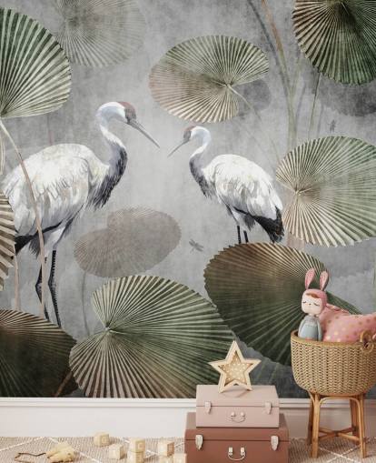 green vintage jungle wallpaper mural called Vintage Jungle Cranes Green at Wallsauce for bedrooms, hallways and living rooms green vintage jungle wallpaper mural called Vintage Jungle Cranes Green at Wallsauce for bedrooms, hallways and living rooms