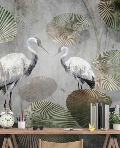 green vintage jungle wallpaper mural called Vintage Jungle Cranes Green at Wallsauce for bedrooms, hallways and living rooms green vintage jungle wallpaper mural called Vintage Jungle Cranes Green at Wallsauce for bedrooms, hallways and living rooms