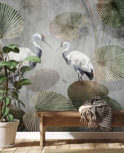 green vintage jungle wallpaper mural called Vintage Jungle Cranes Green at Wallsauce for bedrooms, hallways and living rooms green vintage jungle wallpaper mural called Vintage Jungle Cranes Green at Wallsauce for bedrooms, hallways and living rooms