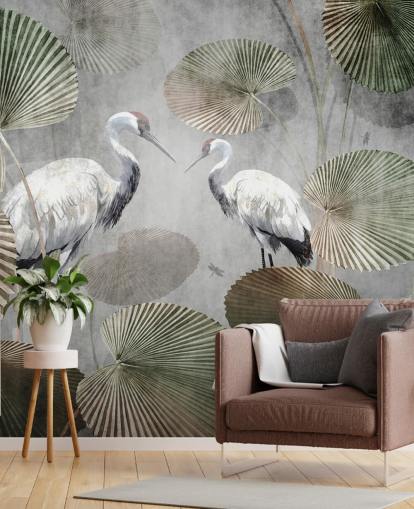 grøn vintage jungle tapetmaleri kaldet Vintage Jungle Cranes Green på Wallsauce til soveværelser, gange og stuer grøn vintage jungle tapetmaleri kaldet Vintage Jungle Cranes Green på Wallsauce til soveværelser, gange og stuer