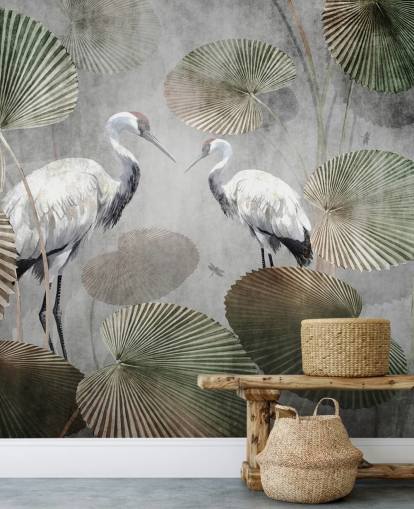 vihreä vintage-viidakon taustakuvamaalaus nimeltä Vintage Jungle Cranes Green Wallsaucessa makuuhuoneisiin, käytäviin ja olohuoneisiin vihreä vintage-viidakon taustakuvamaalaus nimeltä Vintage Jungle Cranes Green Wallsaucessa makuuhuoneisiin, käytäviin ja olohuoneisiin