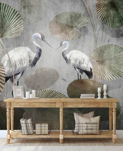 mural verde vintage de la jungla llamado Vintage Jungle Cranes Green at Wallsauce para dormitorios, pasillos y salas de estar mural verde vintage de la jungla llamado Vintage Jungle Cranes Green at Wallsauce para dormitorios, pasillos y salas de estar