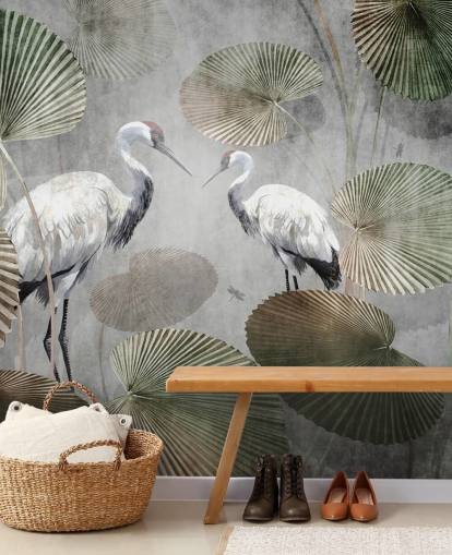 green vintage jungle wallpaper mural called Vintage Jungle Cranes Green at Wallsauce for bedrooms, hallways and living rooms green vintage jungle wallpaper mural called Vintage Jungle Cranes Green at Wallsauce for bedrooms, hallways and living rooms