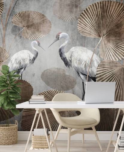 Vintage-Dschungel-Tapetenwandbild namens Vintage Jungle Cranes in Wallsauce für Schlafzimmer, Wohnzimmer und Flure Vintage-Dschungel-Tapetenwandbild namens Vintage Jungle Cranes in Wallsauce für Schlafzimmer, Wohnzimmer und Flure