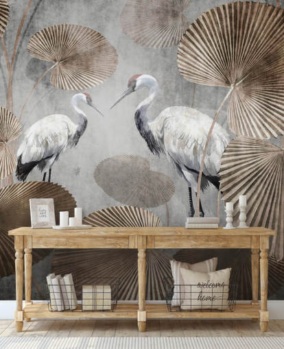 Vintage-Dschungel-Tapetenwandbild namens Vintage Jungle Cranes in Wallsauce für Schlafzimmer, Wohnzimmer und Flure Vintage-Dschungel-Tapetenwandbild namens Vintage Jungle Cranes in Wallsauce für Schlafzimmer, Wohnzimmer und Flure