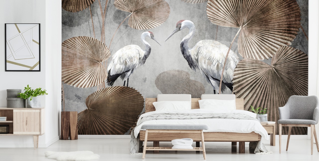 vintage jungle wallpaper mural called Vintage Jungle Cranes at Wallsauce for bedrooms, living rooms and hallways