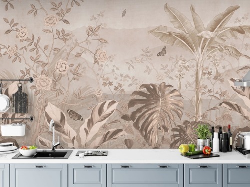 sepia vintage behangmuurschildering genaamd Vintage Sepia Palm Trees at Wallsauce