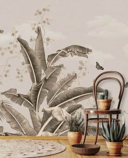Tropisches Vintage-Tapeten-Wandbild mit dem Titel Vintage Tropical Forest and Butterflies at Wallsauce Tropisches Vintage-Tapeten-Wandbild mit dem Titel Vintage Tropical Forest and Butterflies at Wallsauce
