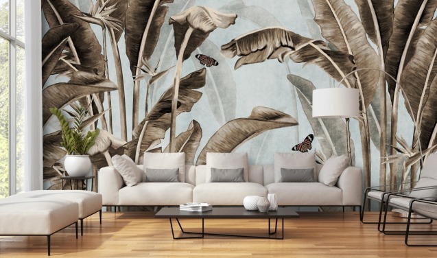 witte tropische muurschildering genaamd Palm Trees and Butterflies at Wallsauce voor keukens, badkamers en eetkamers