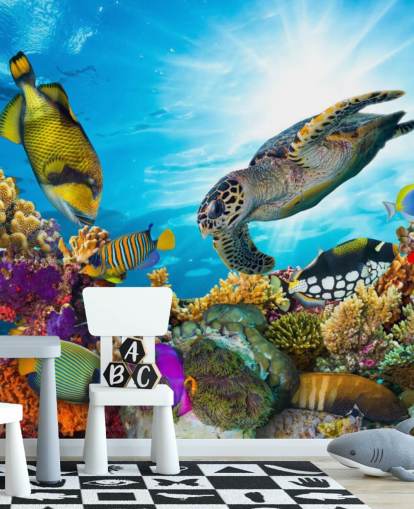 colourful custom ocean and sealife wallpaper mural called Coral Reef Diversity for child's bedroom colourful custom ocean and sealife wallpaper mural called Coral Reef Diversity for child's bedroom
