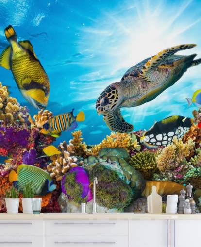 farverigt brugerdefineret hav- og sjøliv tapetmaleri kaldet Coral Reef Diversity til børns soveværelse farverigt brugerdefineret hav- og sjøliv tapetmaleri kaldet Coral Reef Diversity til børns soveværelse