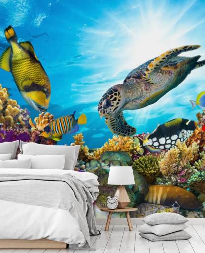 farverigt brugerdefineret hav- og sjøliv tapetmaleri kaldet Coral Reef Diversity til børns soveværelse farverigt brugerdefineret hav- og sjøliv tapetmaleri kaldet Coral Reef Diversity til børns soveværelse