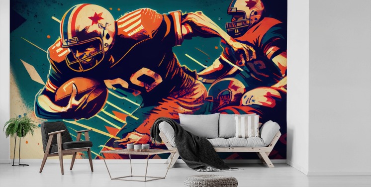 red and blue NFL wallpaper mural called Breaking a Tackle for bedrooms and home offices