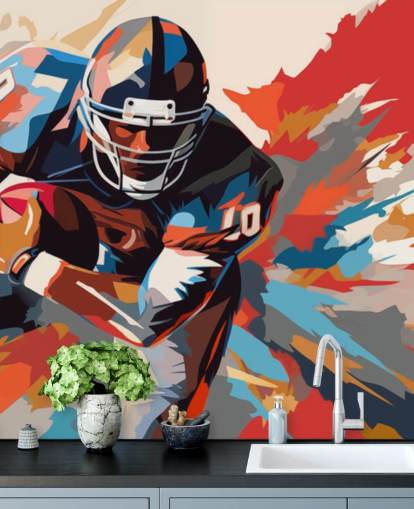 murale blu e arancione di football americano chiamato American Football Player Illustrazione per camere da letto per adolescenti, uffici domestici e grotte maschili murale blu e arancione di football americano chiamato American Football Player Illustrazione per camere da letto per adolescenti, uffici domestici e grotte maschili