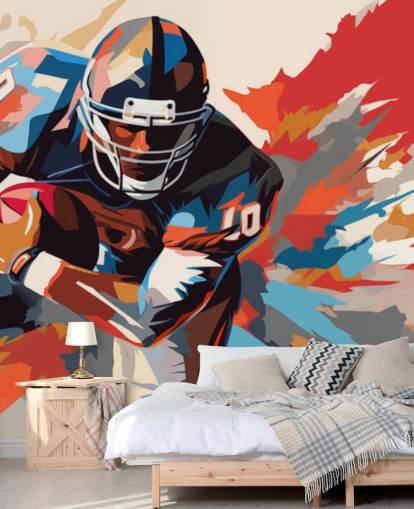 murale blu e arancione di football americano chiamato American Football Player Illustrazione per camere da letto per adolescenti, uffici domestici e grotte maschili murale blu e arancione di football americano chiamato American Football Player Illustrazione per camere da letto per adolescenti, uffici domestici e grotte maschili