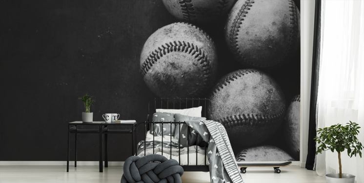 zwart-witte honkbalbehangmuurschildering genaamd Black and White Baseballs voor slaapkamers, mangrotten en scholen