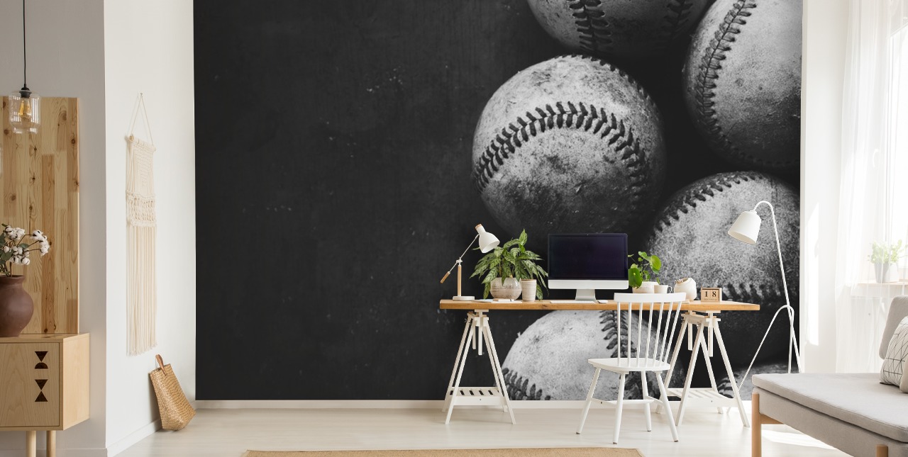 sort/hvid baseball tapet vægmaleri kaldet Black and White Baseballs til soveværelser, mandshuler og skoler