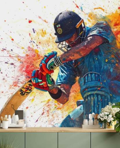 watercolour cricket wall mural called Cricket Action Shot for children's bedrooms and businesses watercolour cricket wall mural called Cricket Action Shot for children's bedrooms and businesses