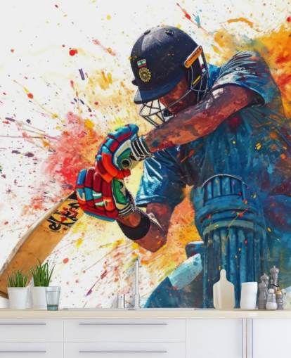 watercolour cricket wall mural called Cricket Action Shot for children's bedrooms and businesses watercolour cricket wall mural called Cricket Action Shot for children's bedrooms and businesses