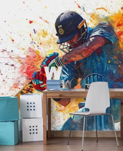 watercolour cricket wall mural called Cricket Action Shot for children's bedrooms and businesses watercolour cricket wall mural called Cricket Action Shot for children's bedrooms and businesses