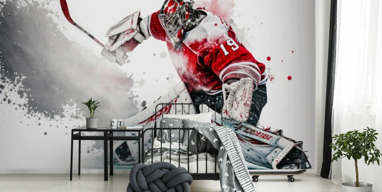 red and white hockey wallpaper called Hockey Goalie for bedrooms and hockey clubs