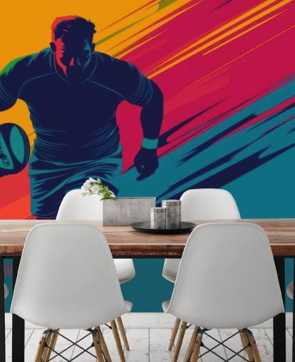 mural de parede de rugby amarelo, vermelho e verde chamado Rugby Silhouette para quartos de adolescentes, ginásios e espaços de treino mural de parede de rugby amarelo, vermelho e verde chamado Rugby Silhouette para quartos de adolescentes, ginásios e espaços de treino