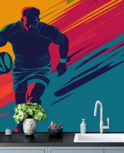gul, röd och grön rugby väggmålning kallad Rugby Silhouette för tonårsrum, gym och träningsutrymmen gul, röd och grön rugby väggmålning kallad Rugby Silhouette för tonårsrum, gym och träningsutrymmen