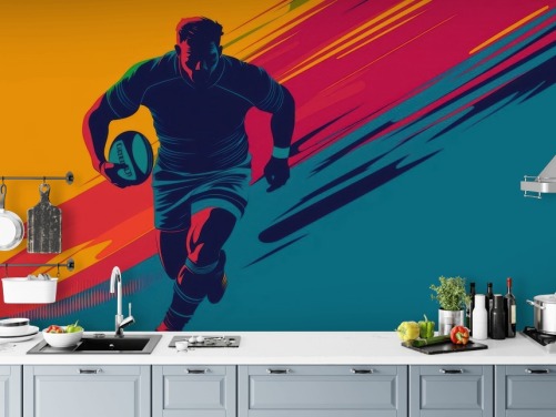 gul, rød og grøn rugby vægmaleri kaldet Rugby Silhouette til teenagerværelser, fitnesscentre og træningsrum