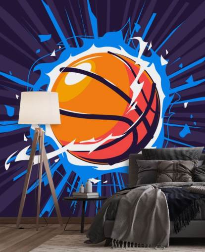 blå og orange basketball tapet vægmaleri kaldet Basketball on Fire til børns soveværelser og skoler blå og orange basketball tapet vægmaleri kaldet Basketball on Fire til børns soveværelser og skoler