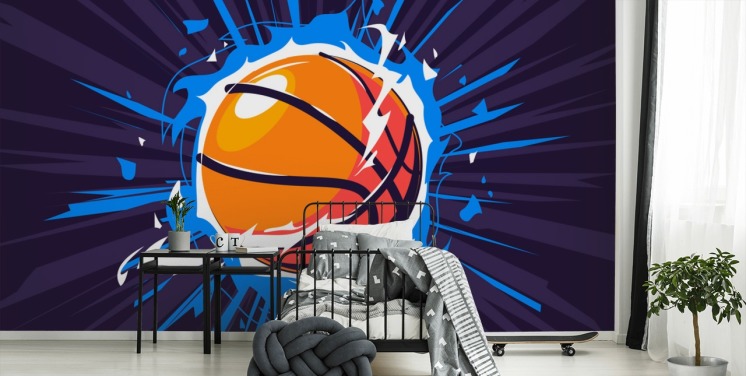 blue and orange basketball wallpaper mural called Basketball on Fire for kids bedrooms and schools