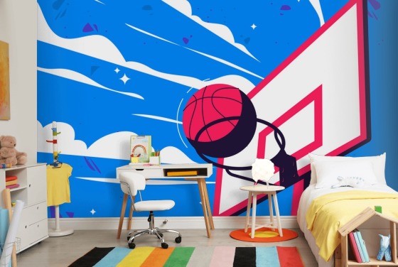 blaues und orangefarbenes Basketball-Wandbild namens Basketball Hoop