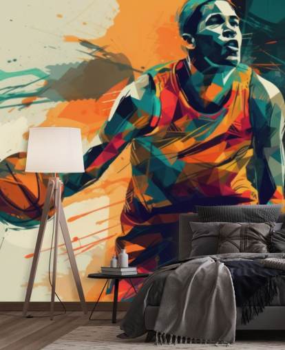 orange och blå basket väggmålning som heter Abstract Basketball Player för barnens sovrum och gym orange och blå basket väggmålning som heter Abstract Basketball Player för barnens sovrum och gym