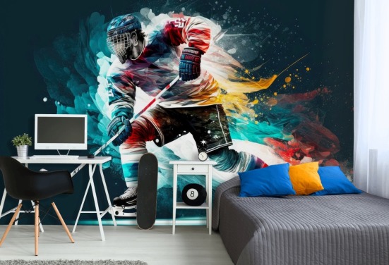 blue, red and white hockey wallpaper mural called Hockey Player for bedrooms and hockey clubs