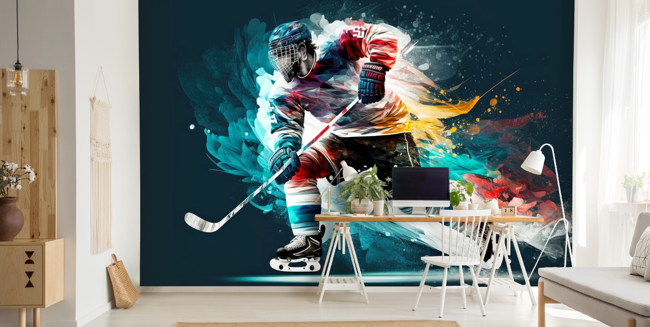 blue, red and white hockey wallpaper mural called Hockey Player for bedrooms and hockey clubs