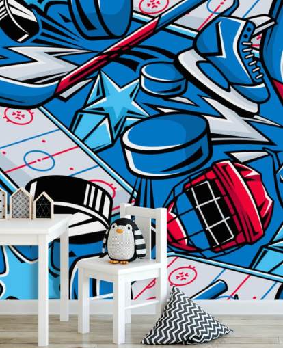 blue and red hockey wall mural called Hockey Cartoon for kids bedrooms, hockey clubs and schools blue and red hockey wall mural called Hockey Cartoon for kids bedrooms, hockey clubs and schools