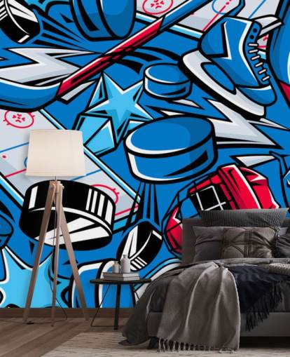 blue and red hockey wall mural called Hockey Cartoon for kids bedrooms, hockey clubs and schools blue and red hockey wall mural called Hockey Cartoon for kids bedrooms, hockey clubs and schools