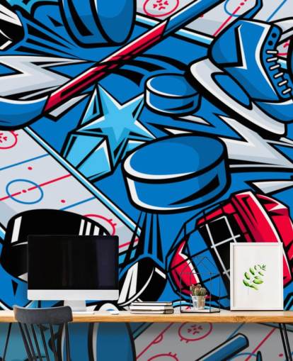 blue and red hockey wall mural called Hockey Cartoon for kids bedrooms, hockey clubs and schools blue and red hockey wall mural called Hockey Cartoon for kids bedrooms, hockey clubs and schools