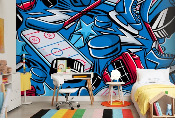 blue and red hockey wall mural called Hockey Cartoon for kids bedrooms, hockey clubs and schools