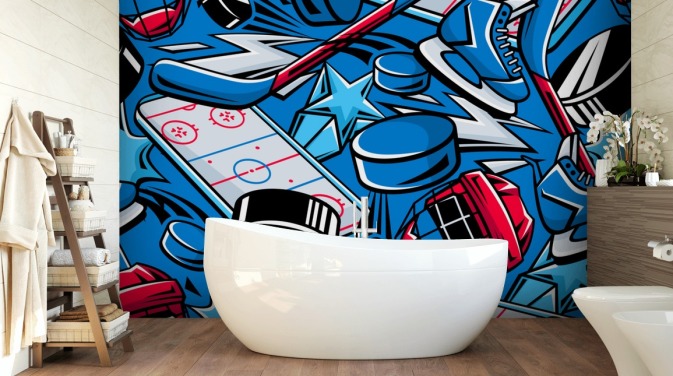 blue and red hockey wall mural called Hockey Cartoon for kids bedrooms, hockey clubs and schools