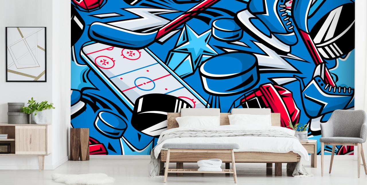 blue and red hockey wall mural called Hockey Cartoon for kids bedrooms, hockey clubs and schools