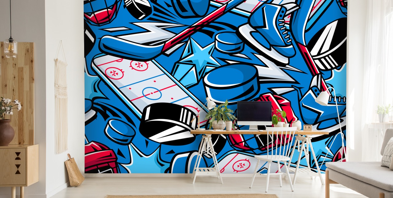 blue and red hockey wall mural called Hockey Cartoon for kids bedrooms, hockey clubs and schools