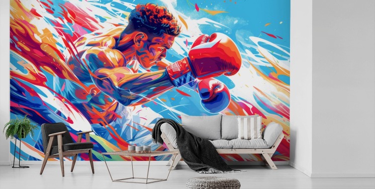 blå och röd boxningstapetväggmålning som heter Boxing Champ för boxningsgym och tonårings sovrum