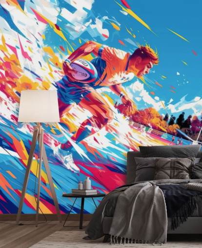 red and blue rugby wall mural called Rugby Sprint for teen's bedrooms and gyms red and blue rugby wall mural called Rugby Sprint for teen's bedrooms and gyms
